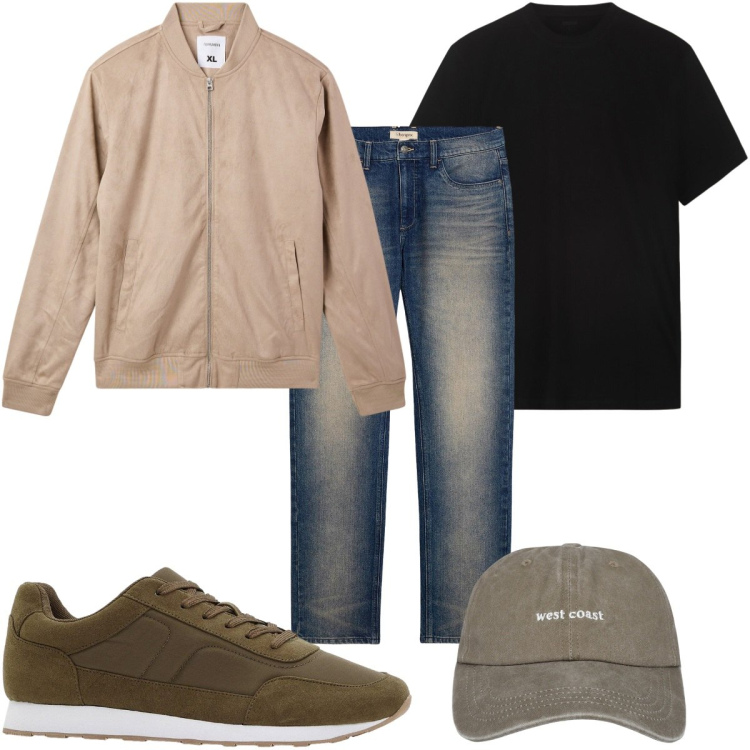 Outfit uomo - Total look #2271039. Stile Casual per Tutti i giorni. Abbinamento con jeans dritti, sneakers, cappelli con visiera, bomber, t-shirt.