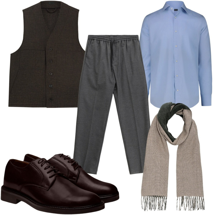 Outfit uomo - Total look #2271040. Stile Casual per Tutti i giorni. Abbinamento con pantaloni, scarpe stringate, sciarpe, camicie, gilet.