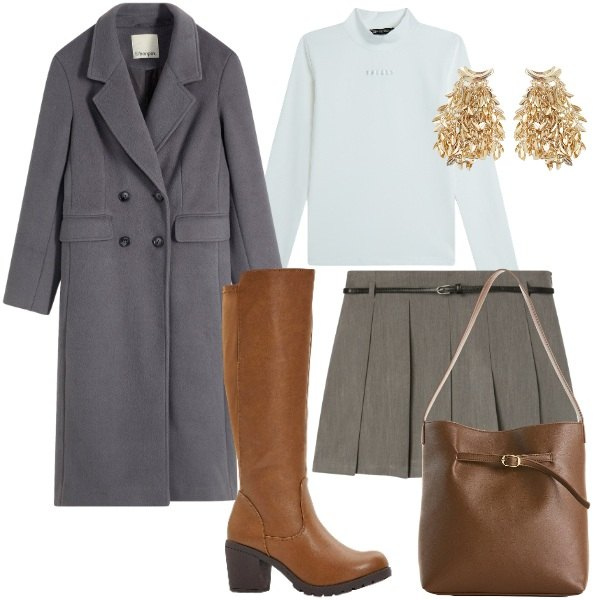Outfit donna - Arriva il cappotto. Stile Casual chic per Tutti i giorni. Abbinamento con stivali, cappotti, borse a mano, minigonne, orecchini, maglieria.