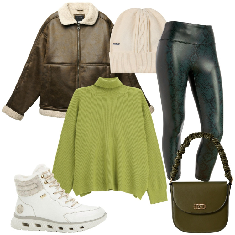 Outfit donna - Total look #2271044. Stile Casual per Tutti i giorni. Abbinamento con stivaletti, giacche, maglieria, borse a mano, leggings, berretti.