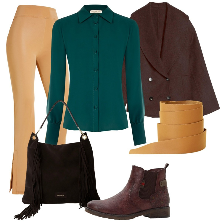 Outfit donna - Pomeriggio. Stile Basic per Tutti i giorni. Abbinamento con stivaletti chelsea, caban, camicie, cinture, borse a spalla, pantaloni.