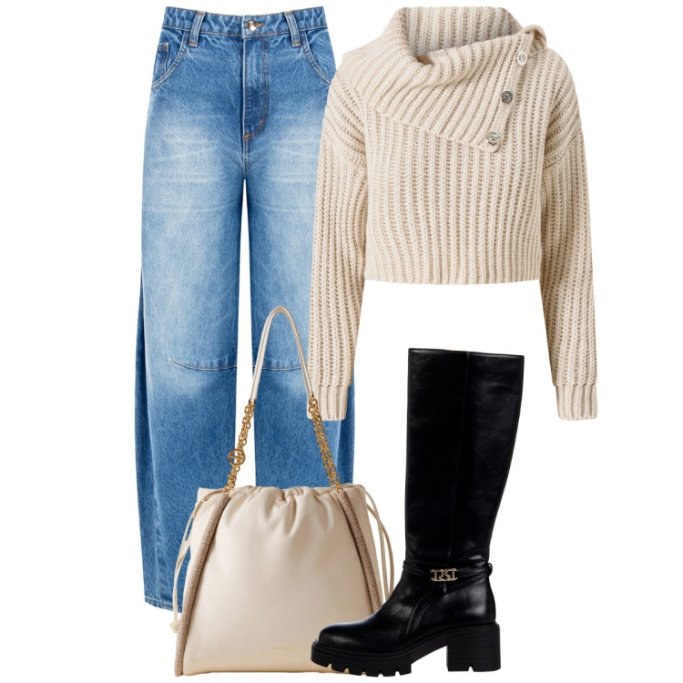 Outfit donna - Esco dalla palestra. Stile Basic per Tutti i giorni. Abbinamento con jeans, maglieria, stivali sopra il ginocchio, shopping bag.
