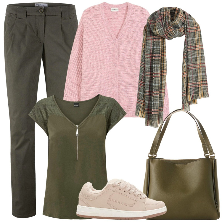 Outfit donna - Foulard sempre in borsa. Stile Basic per Tutti i giorni. Abbinamento con pantaloni chino, t-shirt, sciarpe, borse a mano, sneakers, cardigans.