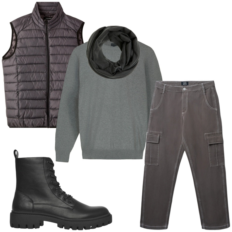Outfit uomo - Total look #2271058. Stile Casual per Tutti i giorni. Abbinamento con sciarpe, anfibi, pantaloni cargo, piumini, maglieria.
