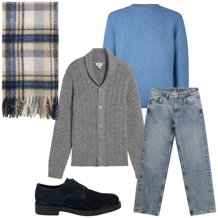 Outfit uomo - Total look #2271062. Stile Casual per Tutti i giorni. Abbinamento con cardigans, jeans dritti, sciarpe, scarpe stringate, maglieria.