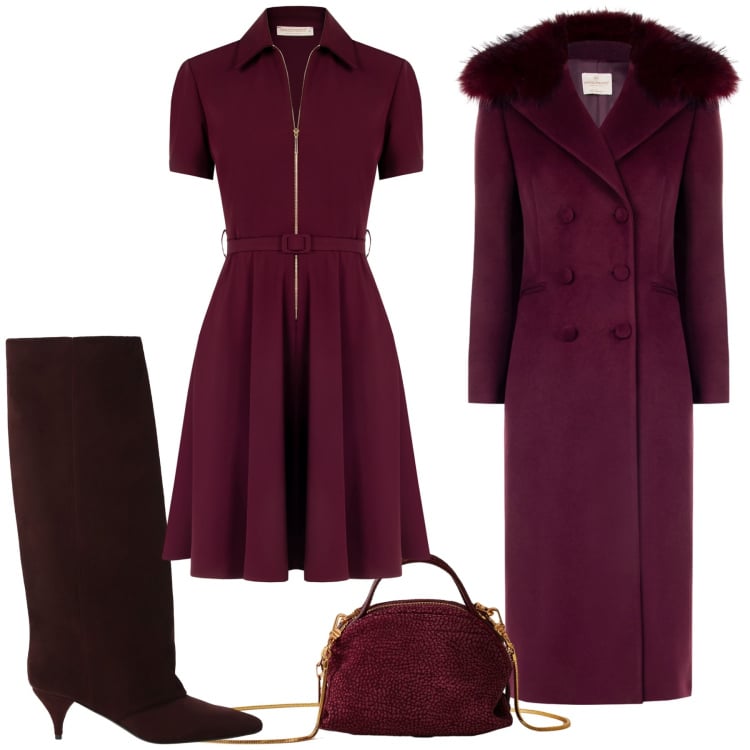 Outfit donna - Eleganti in ufficio. Stile Glamour per Ufficio. Abbinamento con vestiti corti, cappotti, stivali, borse a mano.