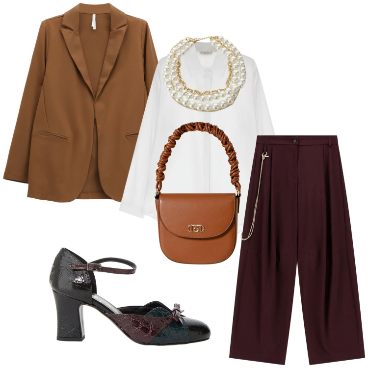 Outfit donna - Pranzo di lavoro. Stile Bon Ton per Ufficio. Abbinamento con camicie, décolleté, collane, borse a mano, blazer, pantaloni a palazzo.