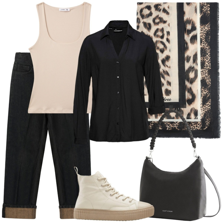 Outfit donna - Domenica dai miei. Stile Basic per Tutti i giorni. Abbinamento con camicie, borse a mano, sneakers alte, canottiere, jeans dritti, foulard.