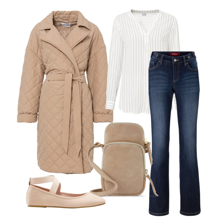 Outfit femme - Octobre. Style Casual chic pour Bureau. Assortir avec manteaux, jean bootcut, pochette, ballerines, tuniques.