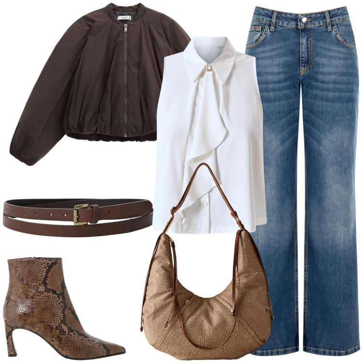 Outfit donna - Aperitivo con le amiche!. Stile Casual chic per Serata fuori. Abbinamento con cappotti, stivaletti, cinture, borse a spalla, jeans, camicie.