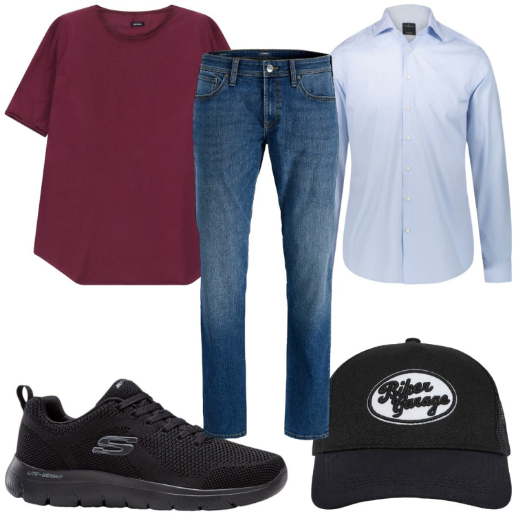 Outfit uomo - Total look #2271074. Stile Casual per Tutti i giorni. Abbinamento con sneakers, jeans, cappelli, t-shirt, camicie.