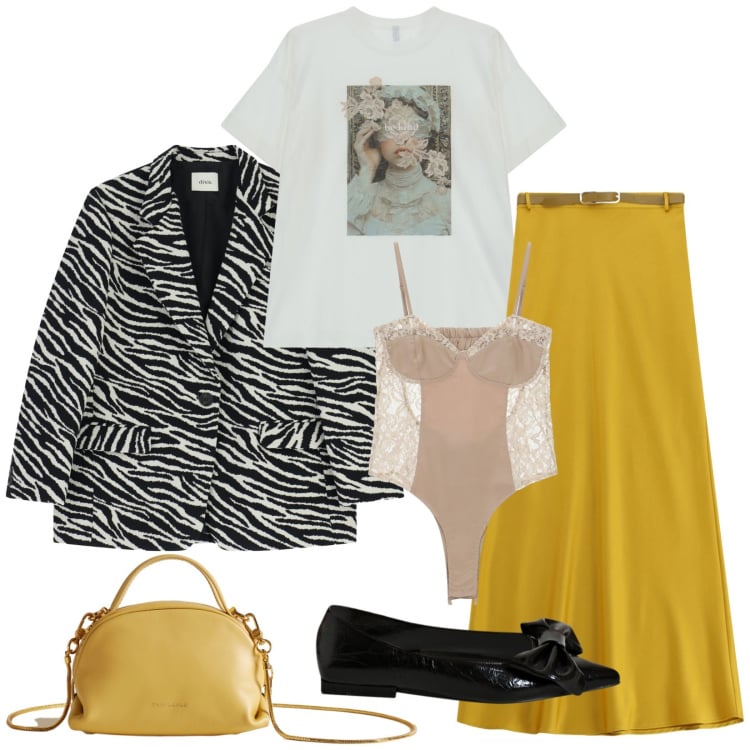 Outfit donna - Total look #2271079. Stile Trendy per Tutti i giorni. Abbinamento con ballerine, gonne lunghe, t-shirt, body, blazer, borse a mano.