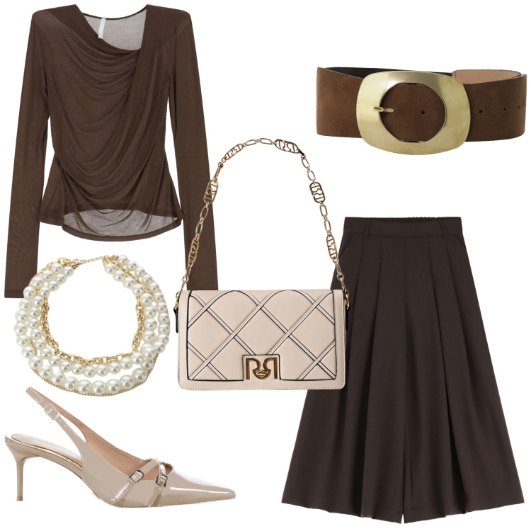 Outfit donna - Cosa indosso in autunno. Stile Trendy per Serata fuori. Abbinamento con collane, pantaloni a palazzo, cinture, borse a tracolla, décolleté, bluse.