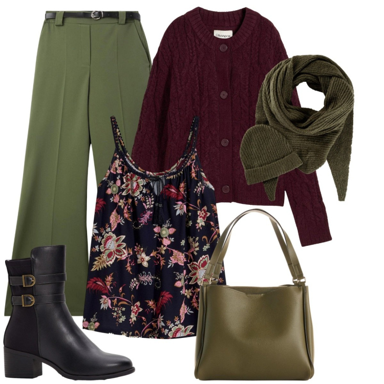 Outfit donna - Il top fantasia. Stile Basic per Tutti i giorni. Abbinamento con cardigans, top, sciarpe, borse a mano, stivaletti, pantaloni.