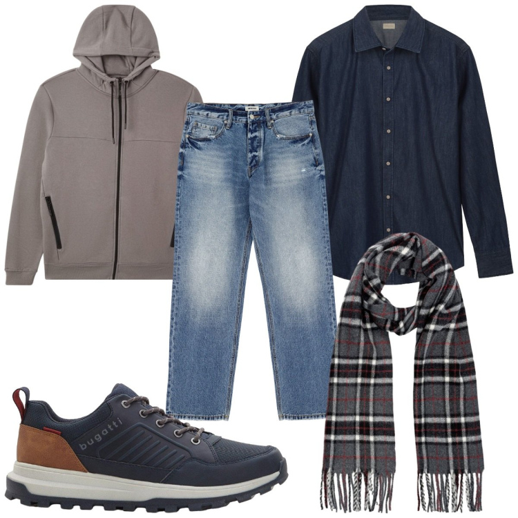 Outfit uomo - Total look #2271084. Stile Casual per Tutti i giorni. Abbinamento con sneakers, felpe con cappuccio, jeans, sciarpe, camicie.