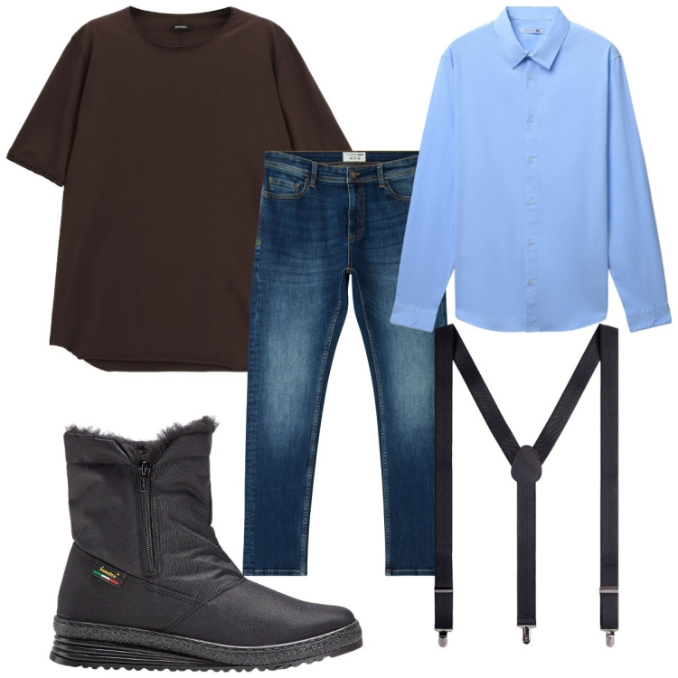 Outfit uomo - Total look #2271085. Stile Casual per Tutti i giorni. Abbinamento con stivali e stivaletti, jeans skinny, camicie, t-shirt, bretelle.