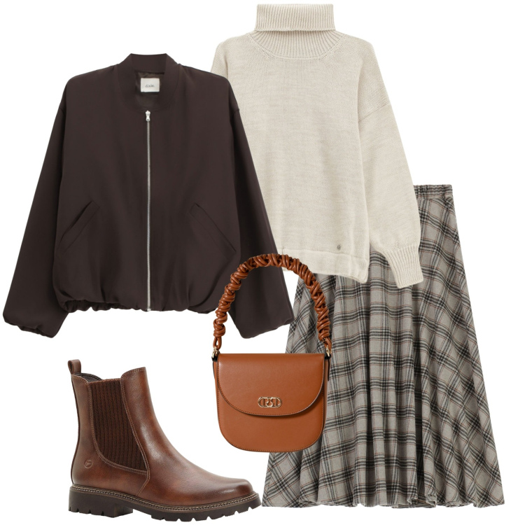 Outfit donna - Urban style. Stile Urban per Tutti i giorni. Abbinamento con stivaletti chelsea, maglieria, gonne longuette, bomber, borse a mano.
