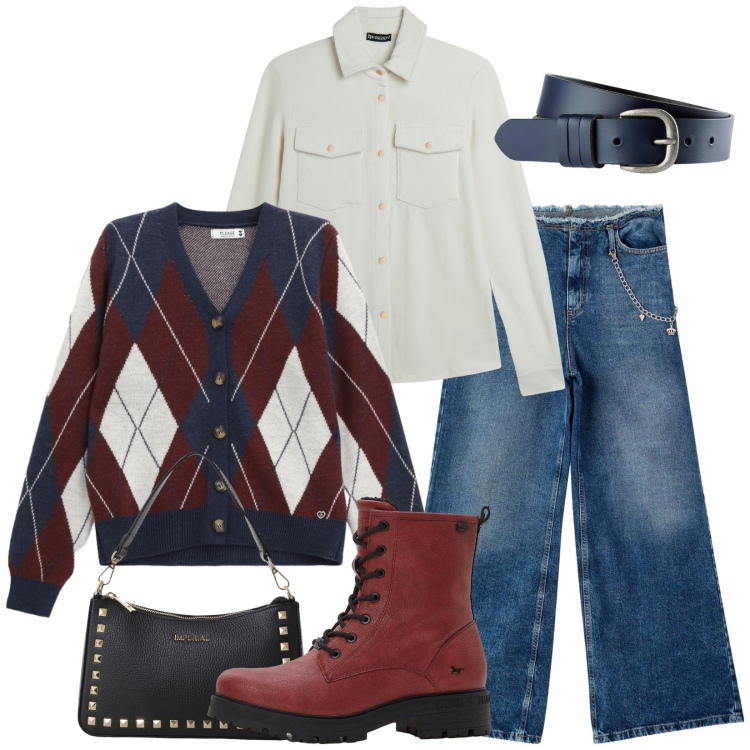 Outfit donna - Cardigan. Stile Casual per Tutti i giorni. Abbinamento con cinture, stivaletti, jeans dritti, camicie, cardigans, pochette.