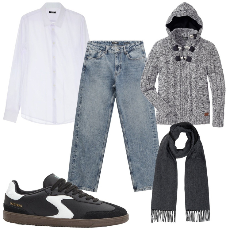 Outfit uomo - Total look #2271089. Stile Casual per Tutti i giorni. Abbinamento con maglieria, sneakers, camicie, jeans dritti, sciarpe.