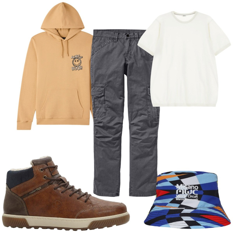 Outfit uomo - Total look #2271090. Stile Urban per Tutti i giorni. Abbinamento con pantaloni cargo, sneakers alte, cappelli, felpe con cappuccio, t-shirt.