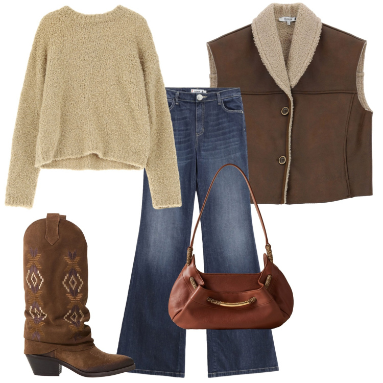 Outfit donna - Gilet ecomontone. Stile Glamour per Tutti i giorni. Abbinamento con jeans a zampa, gilet, borse a spalla, stivali, pullovers.