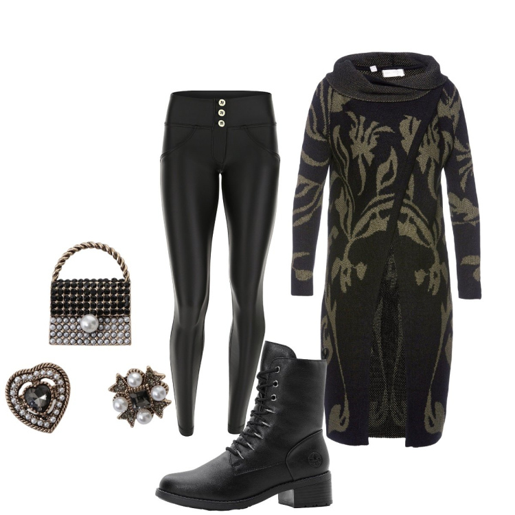 Outfit donna - Dark Lady. Stile Glamour per Serata fuori. Abbinamento con cardigans, stivaletti, accessori per capelli, pantaloni skinny.