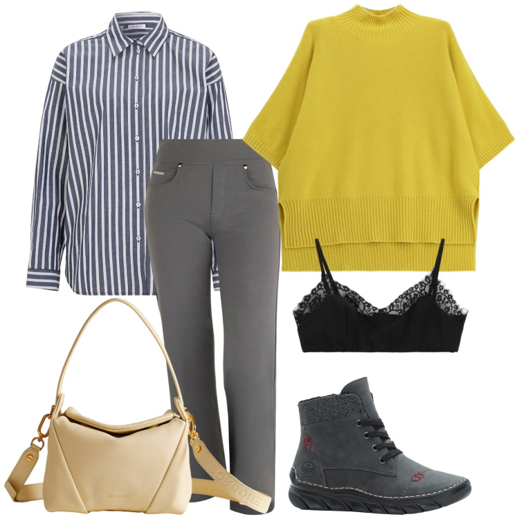 Outfit donna - Total look #2271093. Stile Casual chic per Tutti i giorni. Abbinamento con camicie, stivaletti, borse a spalla, maglieria, bralette, pantaloni.