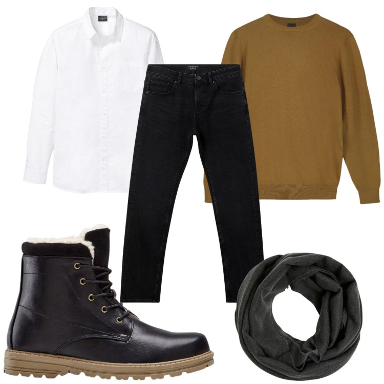 Outfit uomo - Total look #2271102. Stile Casual per Tutti i giorni. Abbinamento con camicie, stivali e stivaletti, sciarpe, jeans, maglieria.