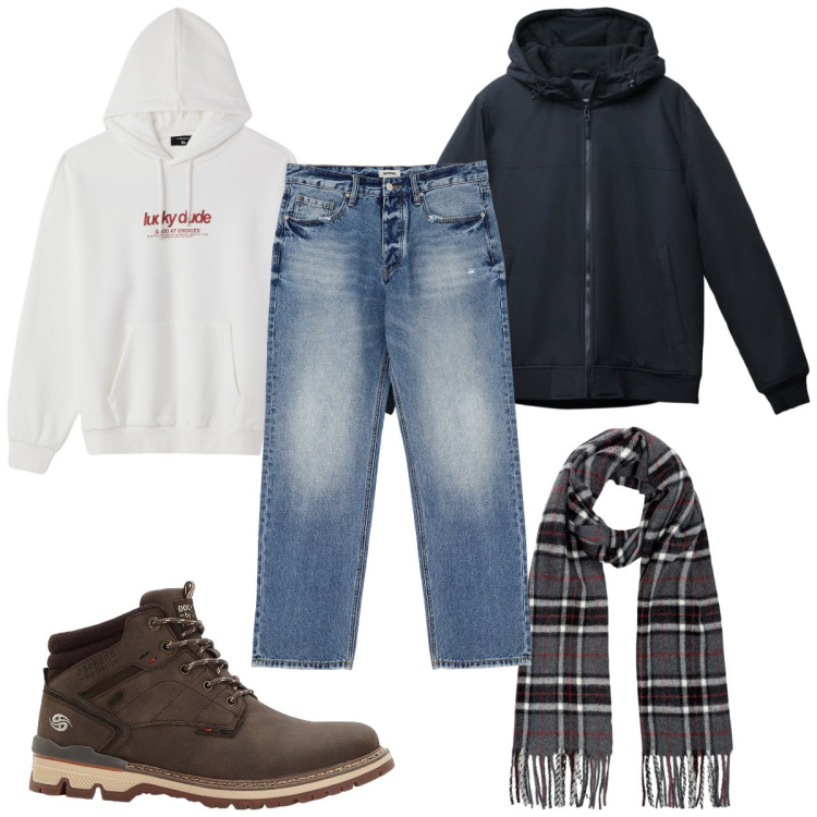 Outfit uomo - Total look #2271103. Stile Casual per Tutti i giorni. Abbinamento con stivali e stivaletti, giacche, felpe con cappuccio, jeans, sciarpe.