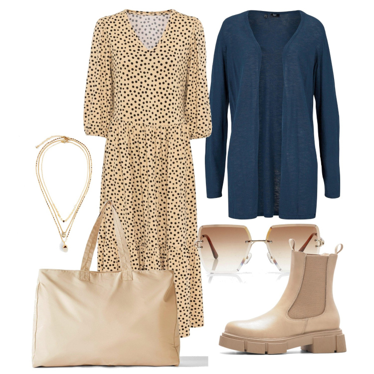 Outfit femme - Octobre. Style Casual chic pour Tous les jours. Assortir avec robes longues, gilets, colliers, boots, sac cabas, lunettes de soleil.