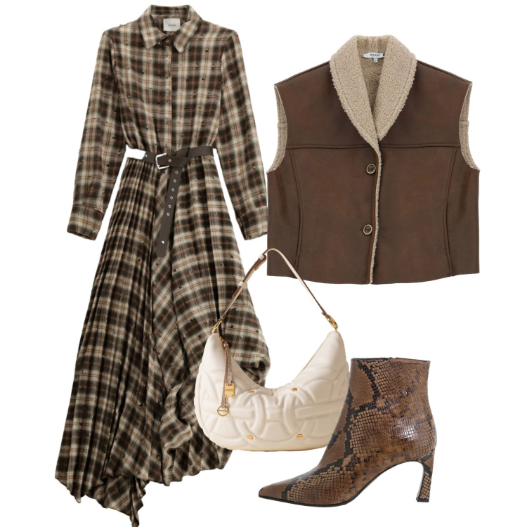 Outfit donna - Ton sur ton. Stile Chic per Tutti i giorni. Abbinamento con gilet, borse a spalla, stivaletti, vestiti lunghi.