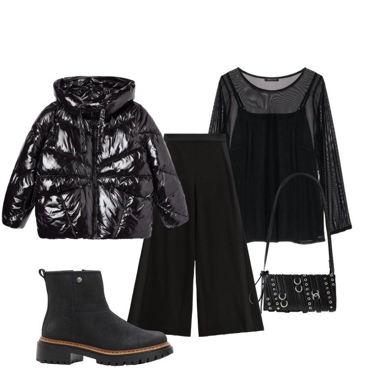 Outfit donna - Anche così per Halloween. Stile Glamour per Serata fuori. Abbinamento con stivaletti, bomber, borse a spalla, pantaloni a palazzo, bluse.