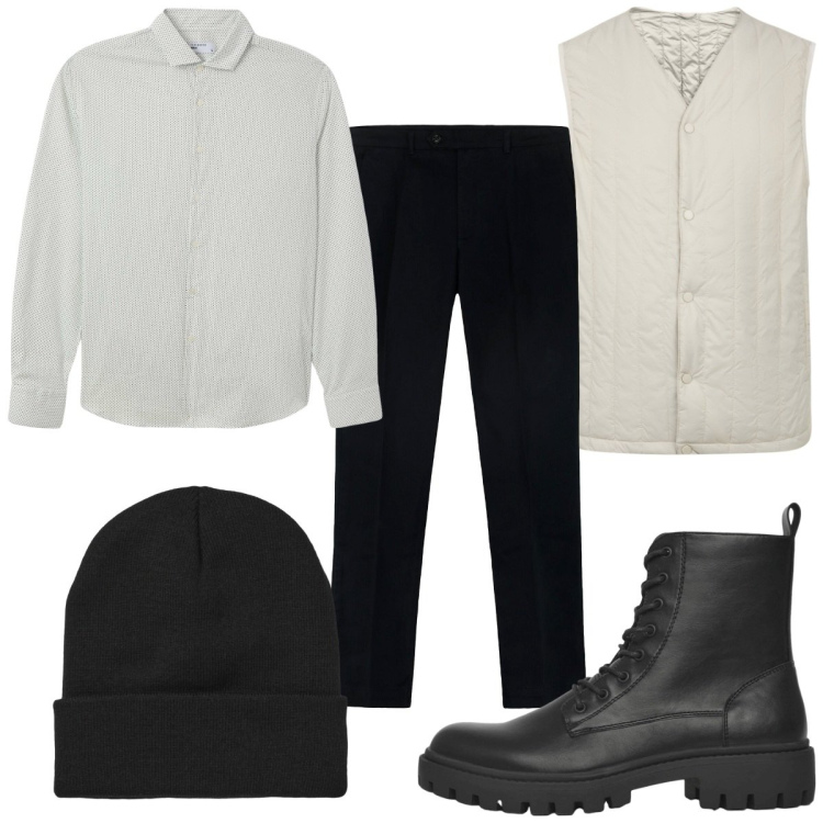 Outfit uomo - Total look #2271107. Stile Casual per Tutti i giorni. Abbinamento con camicie, anfibi, berretti, piumini, pantaloni.