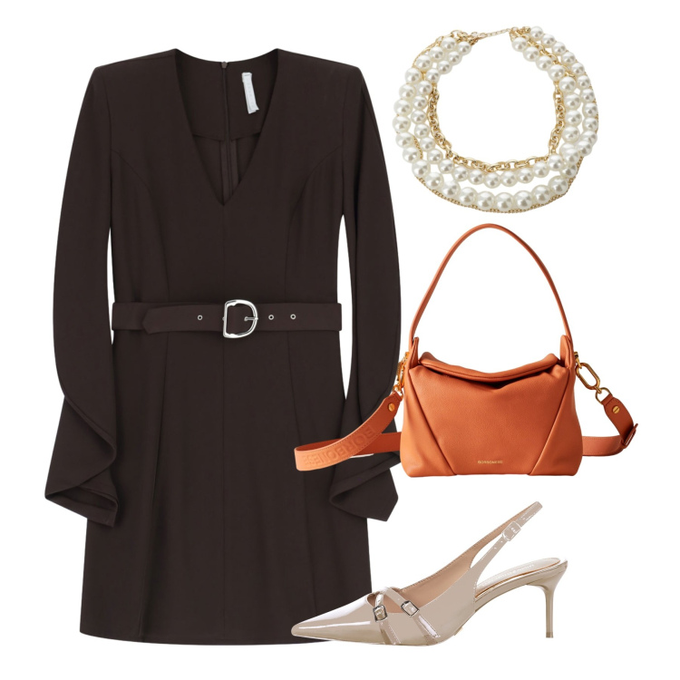 Outfit donna - Occasione formale. Stile Chic per Tutti i giorni. Abbinamento con borse a spalla, décolleté, vestiti corti, collane.