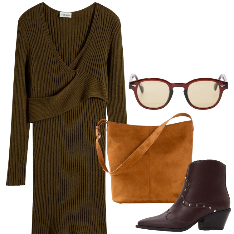 Outfit donna - Promenade. Stile Bon Ton per Tutti i giorni. Abbinamento con vestiti, stivaletti texani, borse a mano, occhiali da sole.