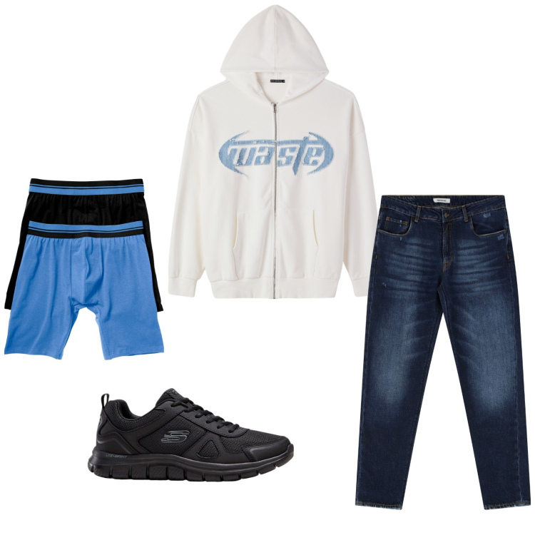 Outfit uomo - Total look #2271110. Stile Casual per Tutti i giorni. Abbinamento con boxer, sneakers, felpe, jeans dritti.