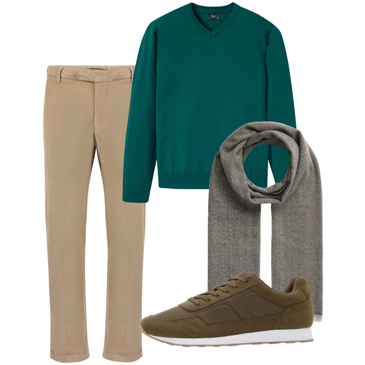 Outfit uomo - Ottobre. Stile Casual per Tutti i giorni. Abbinamento con maglieria, sneakers, sciarpe, pantaloni.