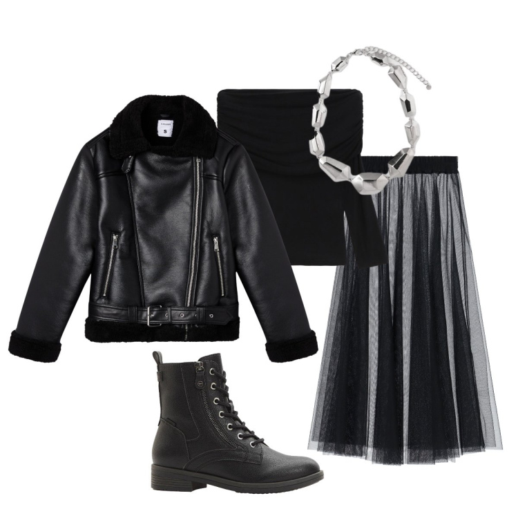Outfit donna - Nero assoluto. Stile Glamour per Serata fuori. Abbinamento con stivaletti, giacche, gonne lunghe, maglieria, ciondoli.