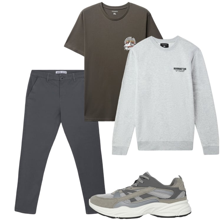 Outfit uomo - Ottobre. Stile Casual per Tutti i giorni. Abbinamento con felpe, sneakers, pantaloni chino, t-shirt.