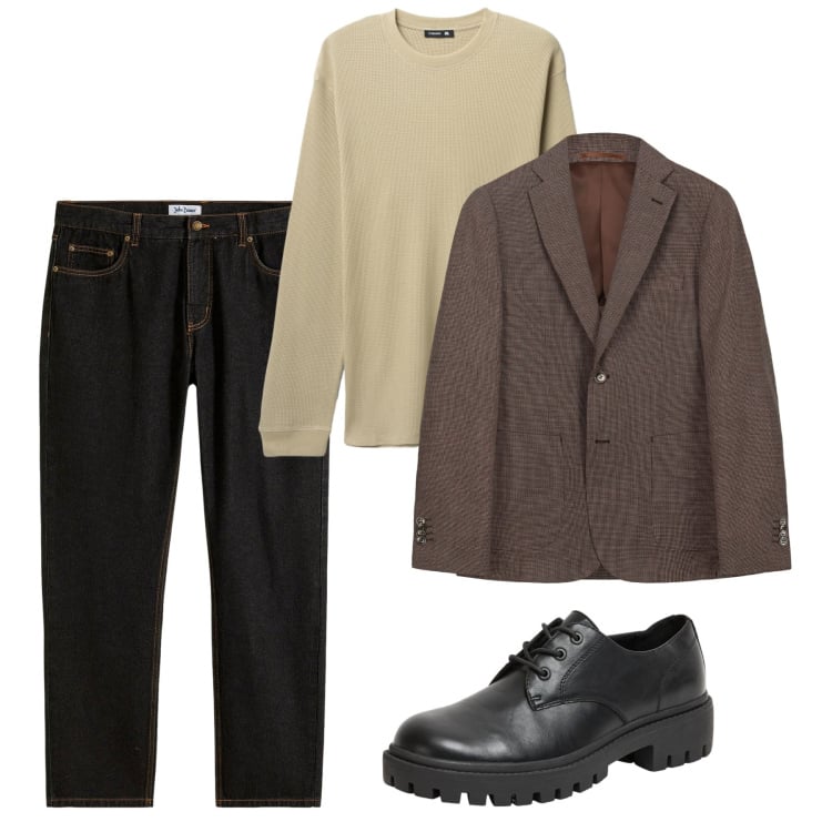 Outfit uomo - Ottobre. Stile Casual per Tutti i giorni. Abbinamento con jeans dritti, scarpe stringate, maglieria, giacche.