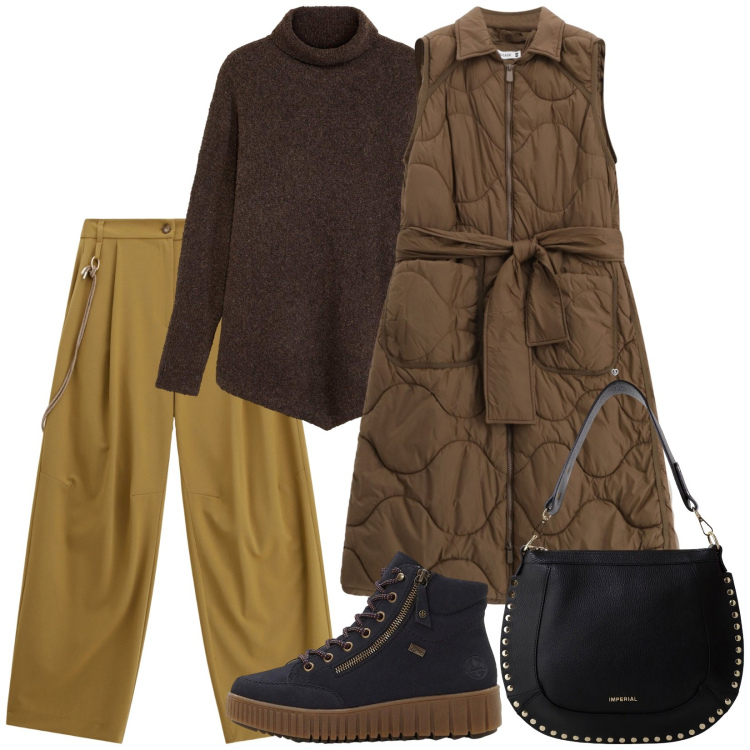 Outfit donna - Total look #2271115. Stile Casual chic per Tutti i giorni. Abbinamento con sneakers alte, maglieria, blazer, borse a spalla, pantaloni a palazzo.