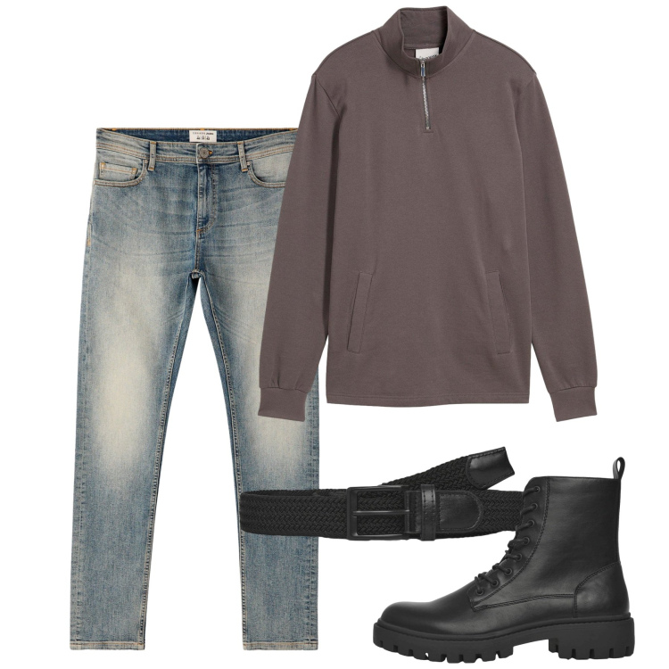 Outfit uomo - Ottobre. Stile Casual per Tutti i giorni. Abbinamento con felpe, cinture, anfibi, jeans skinny.