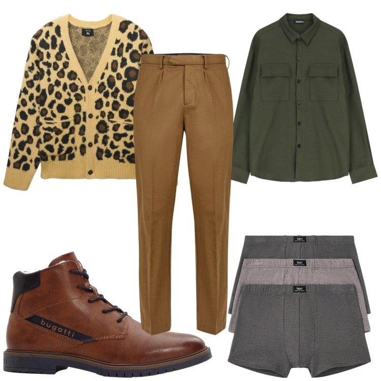 Outfit uomo - Total look #2271118. Stile Trendy per Tutti i giorni. Abbinamento con boxer, stivali e stivaletti, cardigans, camicie, pantaloni.