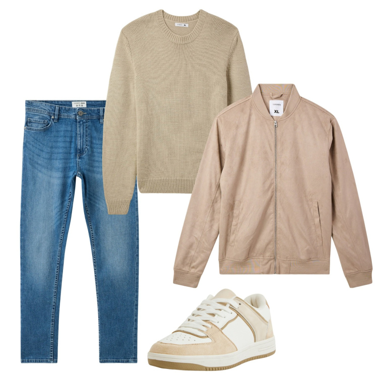 Outfit uomo - Ottobre. Stile Casual per Tutti i giorni. Abbinamento con jeans skinny, sneakers, bomber, maglieria.