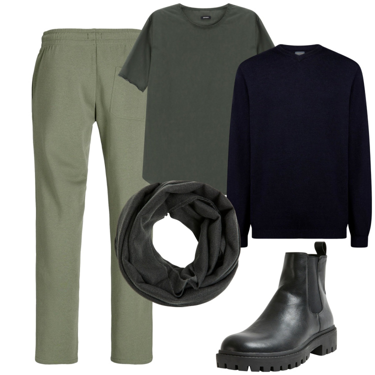 Outfit uomo - Ottobre. Stile Casual per Tutti i giorni. Abbinamento con pantaloni, sciarpe, stivali e stivaletti, t-shirt, maglieria.