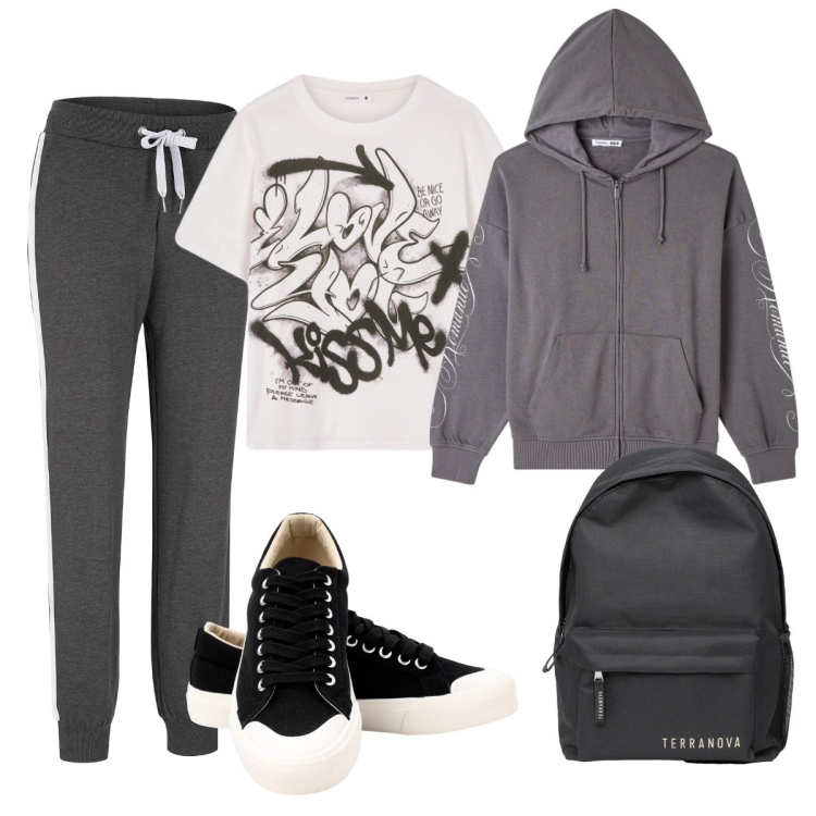 Outfit donna - A scuola in tuta. Stile Basic per Scuola/Università. Abbinamento con pantaloni sportivi, felpe con cappuccio, zaini, t-shirt, sneakers.