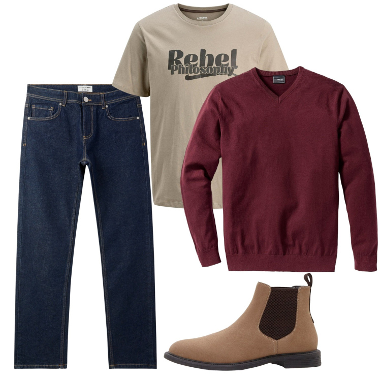 Outfit uomo - Autunno. Stile Casual per Tutti i giorni. Abbinamento con maglieria, stivali e stivaletti, t-shirt, jeans.