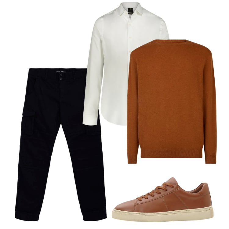 Outfit uomo - Ottobre. Stile Casual per Tutti i giorni. Abbinamento con sneakers, pantaloni cargo, maglieria, camicie.