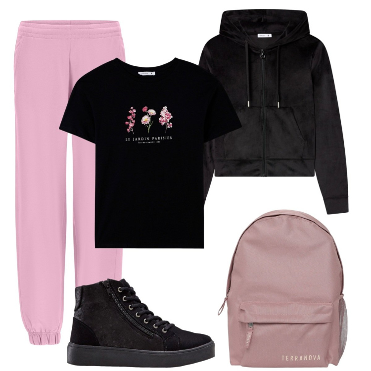 Outfit donna - Bella anche in tuta. Stile Basic per Tutti i giorni. Abbinamento con sneakers alte, t-shirt, zaini, felpe con cappuccio, pantaloni.