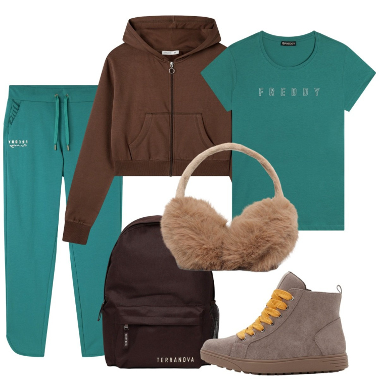 Outfit donna - Sportiva nel tempo libero. Stile Basic per Tutti i giorni. Abbinamento con sneakers alte, zaini, felpe con cappuccio, cappelli, t-shirt, pantaloni.